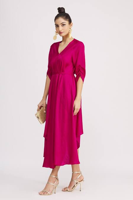 Buy_Harsh Harsh_Pink Dupion Silk V Neck High Low Dress _Online_at_Aza_Fashions