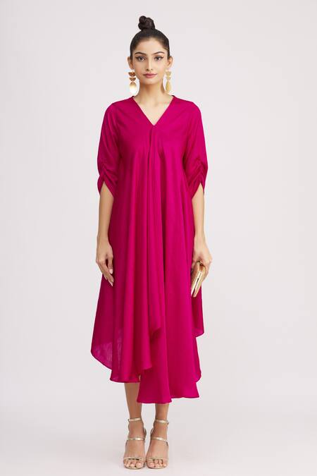 Shop_Harsh Harsh_Pink Dupion Silk V Neck High Low Dress _Online_at_Aza_Fashions