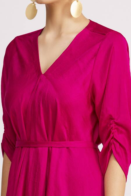 Harsh Harsh_Pink Dupion Silk V Neck High Low Dress _at_Aza_Fashions