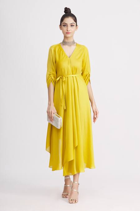 Buy_Harsh Harsh_Yellow Dupion Silk V Neck Draped Dress _Online_at_Aza_Fashions