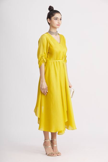 Harsh Harsh_Yellow Dupion Silk V Neck Draped Dress _Online_at_Aza_Fashions
