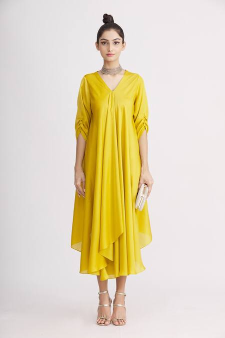 Shop_Harsh Harsh_Yellow Dupion Silk V Neck Draped Dress _Online_at_Aza_Fashions