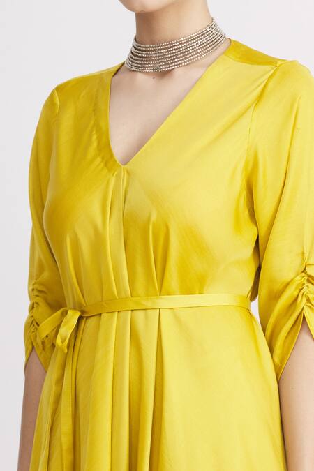 Harsh Harsh_Yellow Dupion Silk V Neck Draped Dress _at_Aza_Fashions