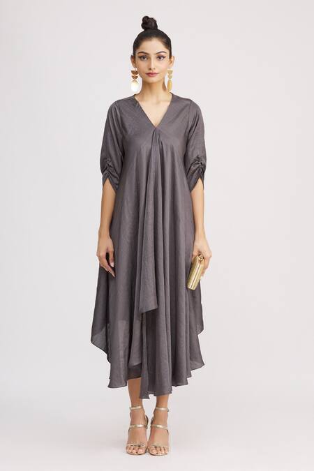 Harsh Harsh_Grey Dupion Silk V Neck Draped Gathered Sleeve Dress _Online_at_Aza_Fashions