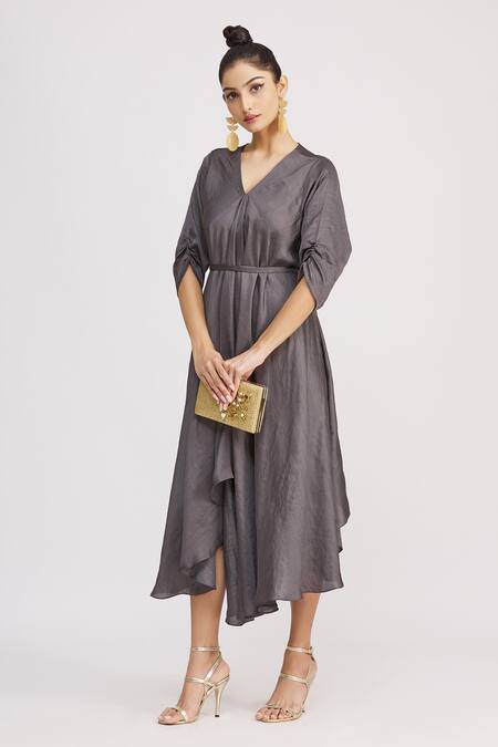 Buy_Harsh Harsh_Grey Dupion Silk V Neck Draped Gathered Sleeve Dress _Online_at_Aza_Fashions