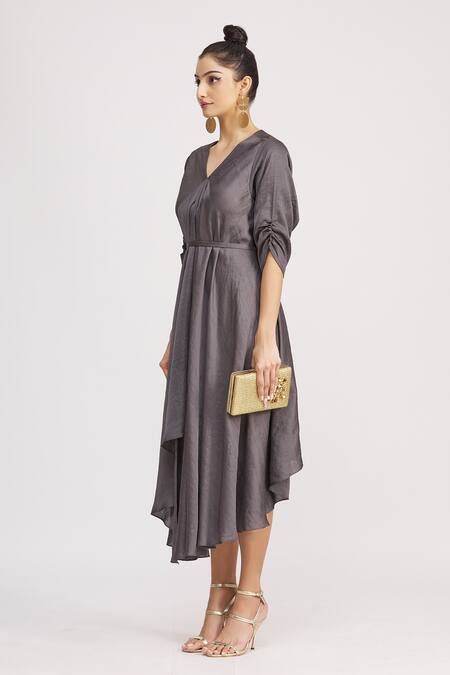 Shop_Harsh Harsh_Grey Dupion Silk V Neck Draped Gathered Sleeve Dress _Online_at_Aza_Fashions