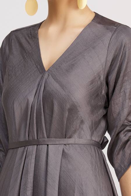 Harsh Harsh_Grey Dupion Silk V Neck Draped Gathered Sleeve Dress _at_Aza_Fashions