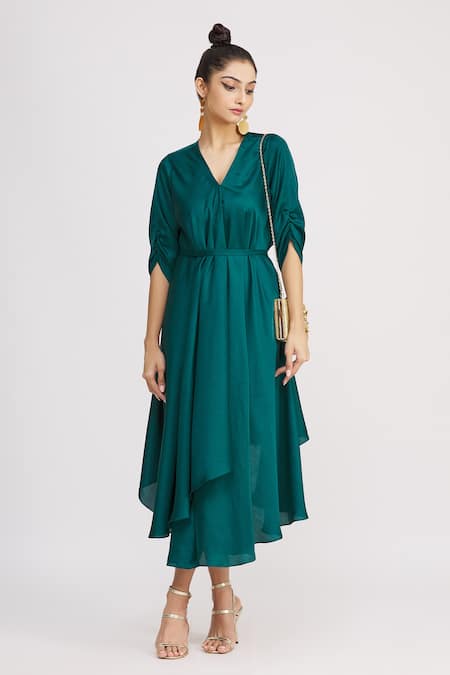 Buy_Harsh Harsh_Green Dupion Silk V Neck High Low Dress _Online_at_Aza_Fashions