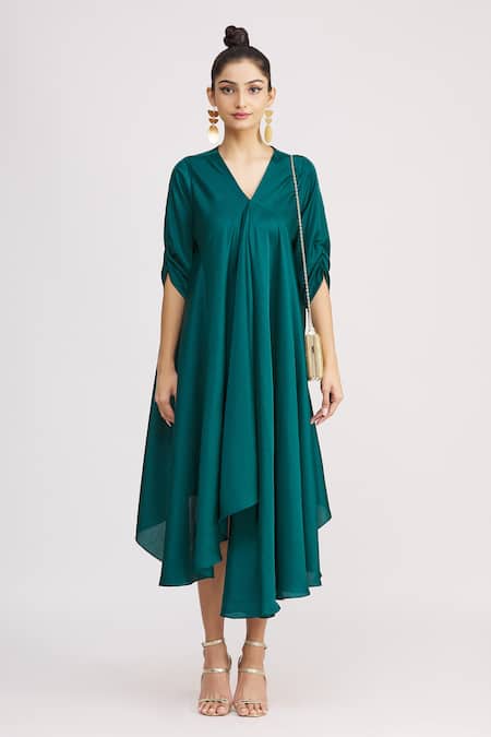 Shop_Harsh Harsh_Green Dupion Silk V Neck High Low Dress _Online_at_Aza_Fashions