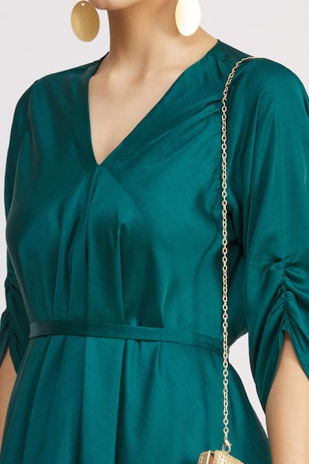 Harsh Harsh_Green Dupion Silk V Neck High Low Dress _at_Aza_Fashions