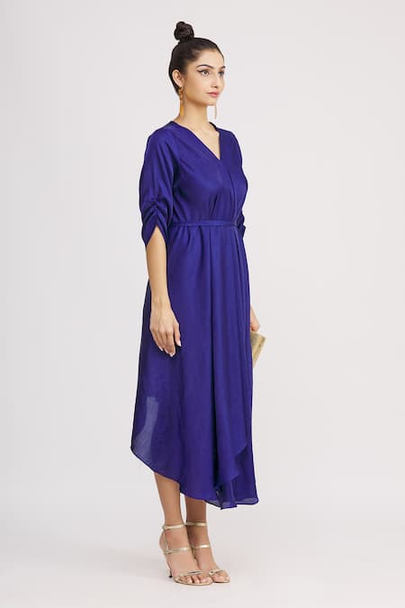 Harsh Harsh_Blue Dupion Silk V Neck Draped Gathered Sleeve Dress _Online_at_Aza_Fashions