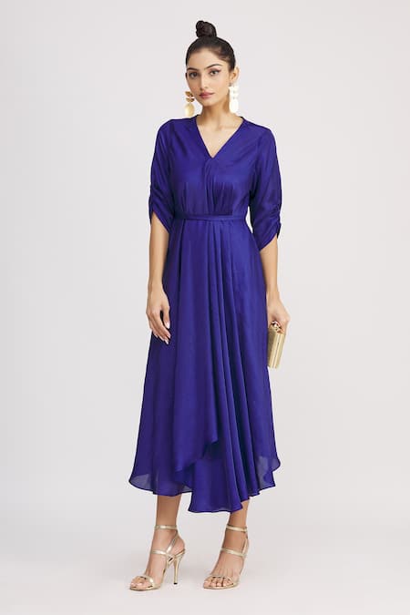 Buy_Harsh Harsh_Blue Dupion Silk V Neck Draped Gathered Sleeve Dress _Online_at_Aza_Fashions