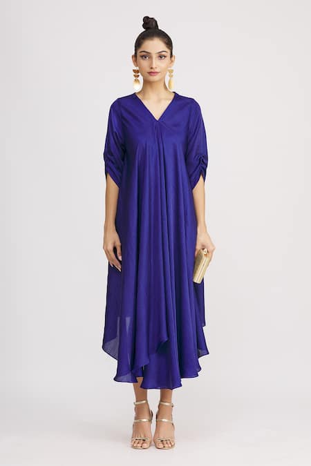 Shop_Harsh Harsh_Blue Dupion Silk V Neck Draped Gathered Sleeve Dress _Online_at_Aza_Fashions