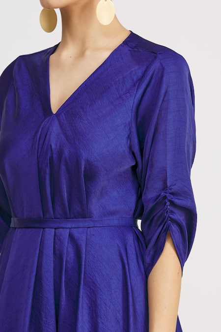 Harsh Harsh_Blue Dupion Silk V Neck Draped Gathered Sleeve Dress _at_Aza_Fashions