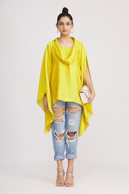 Harsh Harsh_Yellow Dupion Silk Cowl Neck Top _Online_at_Aza_Fashions