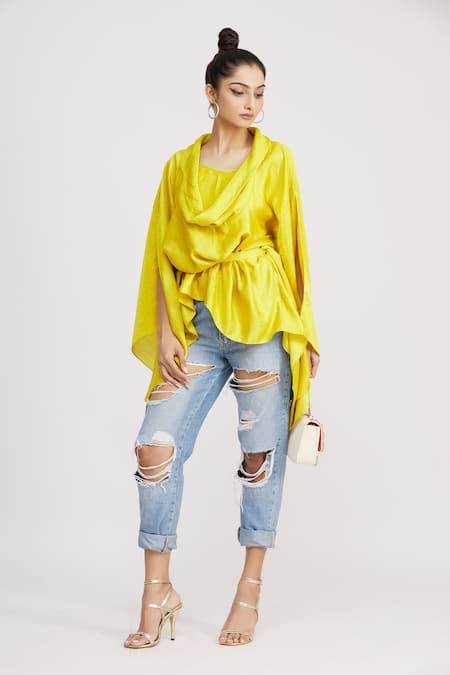 Buy_Harsh Harsh_Yellow Dupion Silk Cowl Neck Top _Online_at_Aza_Fashions