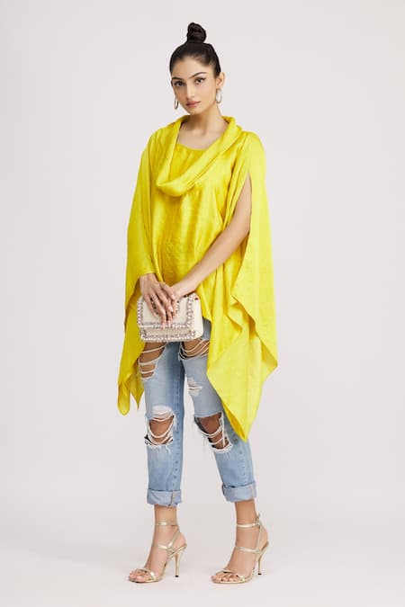 Shop_Harsh Harsh_Yellow Dupion Silk Cowl Neck Top _Online_at_Aza_Fashions