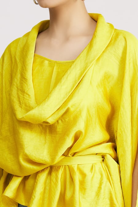 Harsh Harsh_Yellow Dupion Silk Cowl Neck Top _at_Aza_Fashions