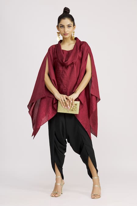 Buy_Harsh Harsh_Maroon Dupion Silk Cowl Neck Top _Online_at_Aza_Fashions