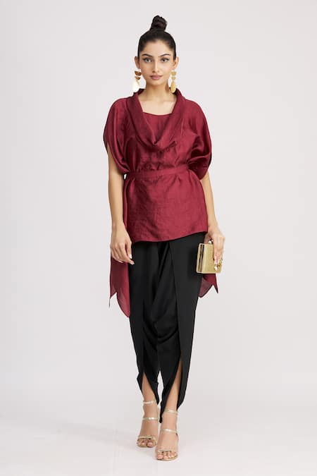 Harsh Harsh_Maroon Dupion Silk Cowl Neck Top _Online_at_Aza_Fashions