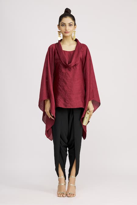 Shop_Harsh Harsh_Maroon Dupion Silk Cowl Neck Top _Online_at_Aza_Fashions