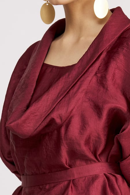 Harsh Harsh_Maroon Dupion Silk Cowl Neck Top _at_Aza_Fashions