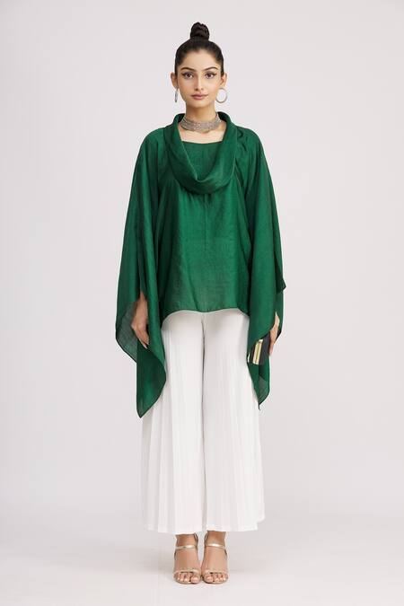 Harsh Harsh_Green Dupion Silk Cowl Neck Top _Online_at_Aza_Fashions