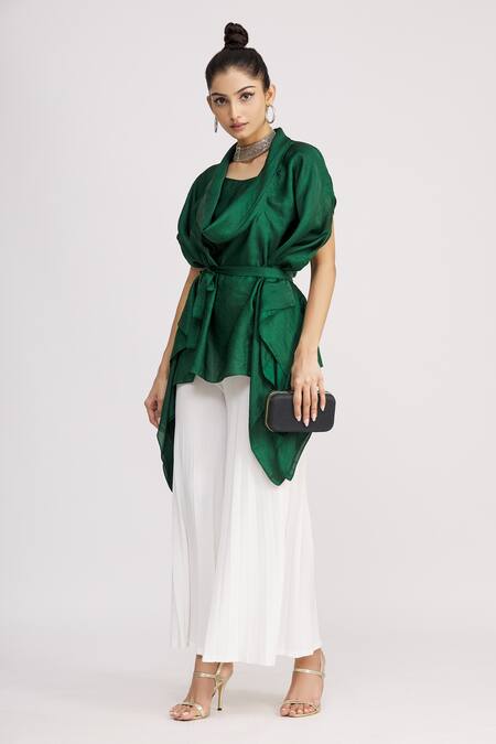 Shop_Harsh Harsh_Green Dupion Silk Cowl Neck Top _Online_at_Aza_Fashions