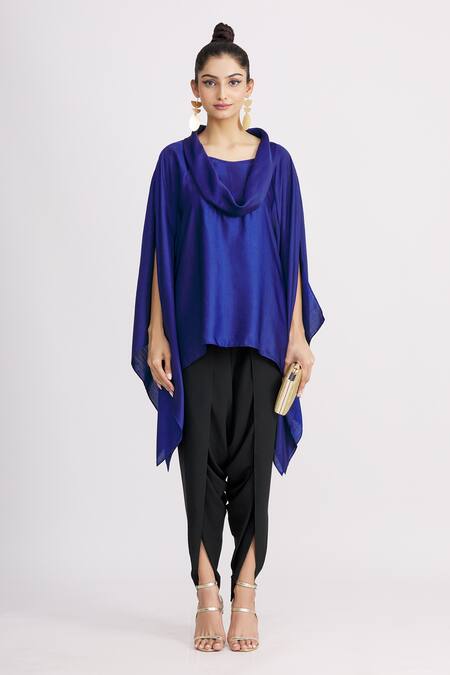 Harsh Harsh_Blue Dupion Silk Cowl Neck Top _Online_at_Aza_Fashions