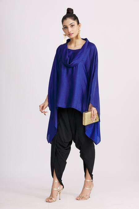 Buy_Harsh Harsh_Blue Dupion Silk Cowl Neck Top _Online_at_Aza_Fashions