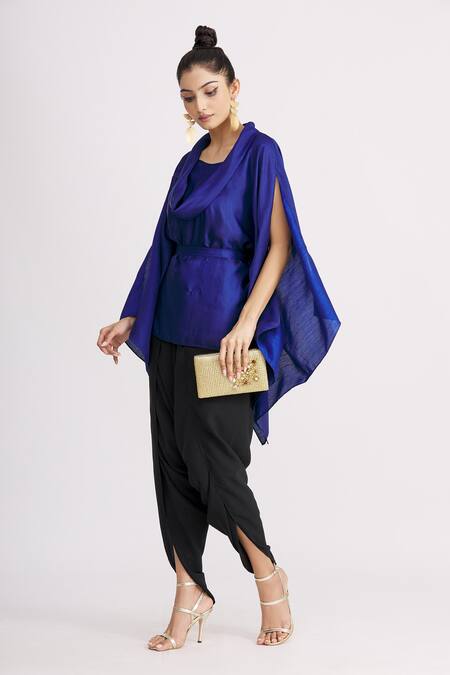 Shop_Harsh Harsh_Blue Dupion Silk Cowl Neck Top _Online_at_Aza_Fashions