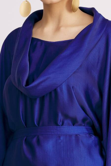 Harsh Harsh_Blue Dupion Silk Cowl Neck Top _at_Aza_Fashions