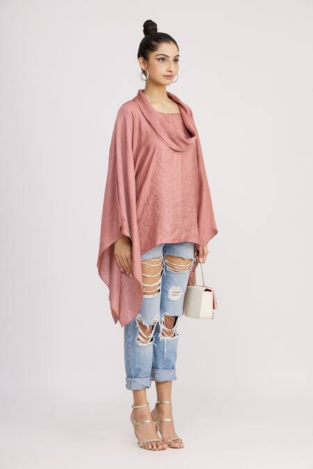 Harsh Harsh_Pink Dupion Silk Cowl Neck Asymmetric Top _Online_at_Aza_Fashions