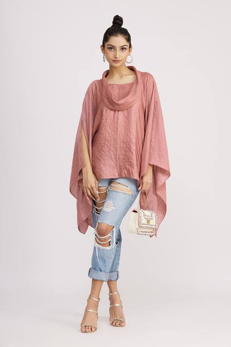 Buy_Harsh Harsh_Pink Dupion Silk Cowl Neck Asymmetric Top _Online_at_Aza_Fashions