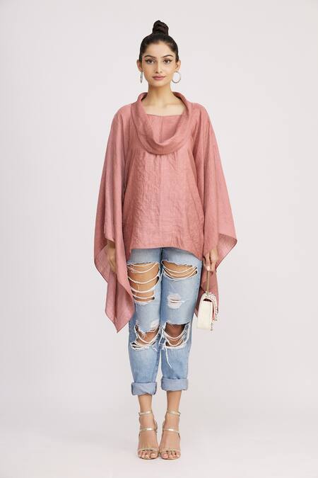 Shop_Harsh Harsh_Pink Dupion Silk Cowl Neck Asymmetric Top _Online_at_Aza_Fashions