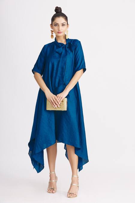 Buy_Harsh Harsh_Blue Dupion Silk Bow Neck Handkerchief Dress _Online_at_Aza_Fashions