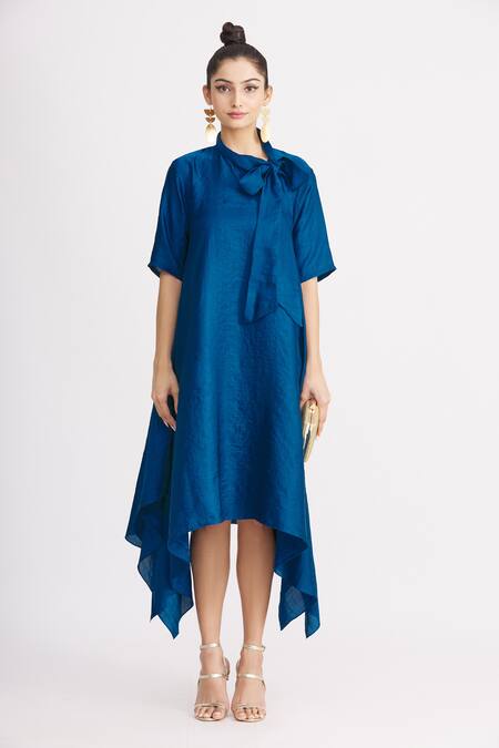 Harsh Harsh_Blue Dupion Silk Bow Neck Handkerchief Dress _Online_at_Aza_Fashions