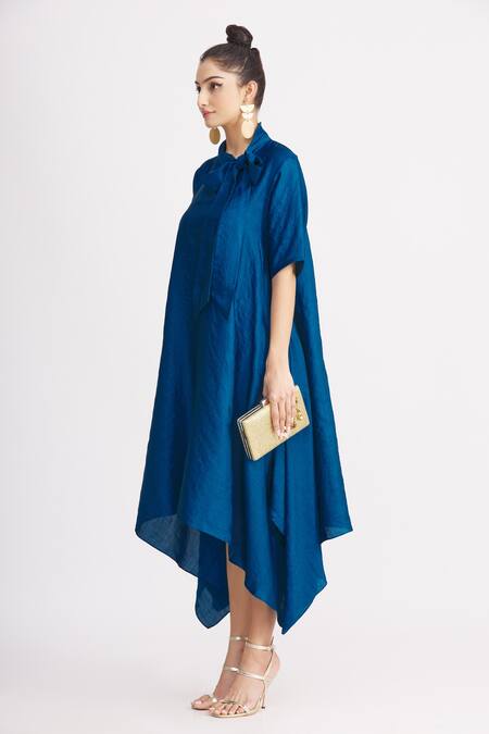 Shop_Harsh Harsh_Blue Dupion Silk Bow Neck Handkerchief Dress _Online_at_Aza_Fashions