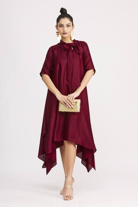 Harsh Harsh_Maroon Dupion Silk Bow Neck Handkerchief Dress _Online_at_Aza_Fashions