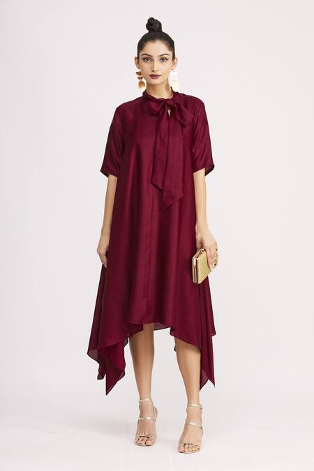 Buy_Harsh Harsh_Maroon Dupion Silk Bow Neck Handkerchief Dress _Online_at_Aza_Fashions