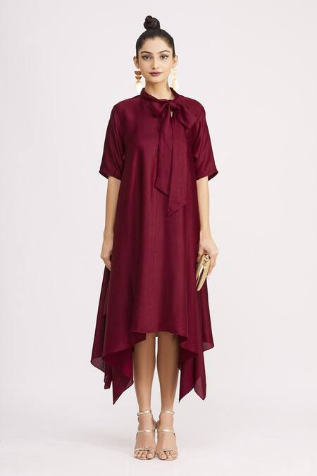 Shop_Harsh Harsh_Maroon Dupion Silk Bow Neck Handkerchief Dress _Online_at_Aza_Fashions