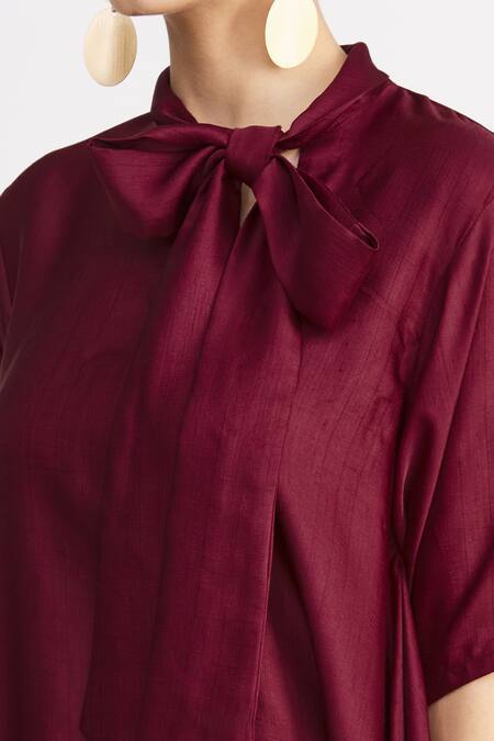 Harsh Harsh_Maroon Dupion Silk Bow Neck Handkerchief Dress _at_Aza_Fashions