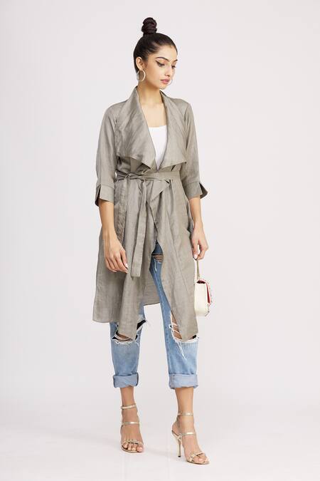 Harsh Harsh_Grey Dupion Silk Open Draped Jacket _Online_at_Aza_Fashions