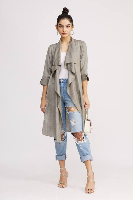 Buy_Harsh Harsh_Grey Dupion Silk Open Draped Jacket _Online_at_Aza_Fashions