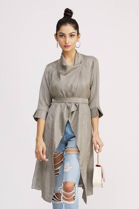 Shop_Harsh Harsh_Grey Dupion Silk Open Draped Jacket _Online_at_Aza_Fashions