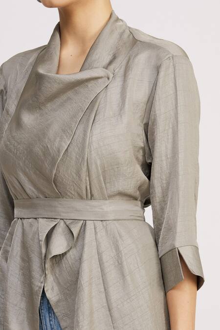 Harsh Harsh_Grey Dupion Silk Open Draped Jacket _at_Aza_Fashions