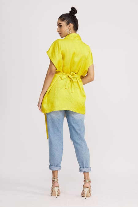 Shop_Harsh Harsh_Yellow Dupion Silk Plain Scarf Neck Style Top  _at_Aza_Fashions