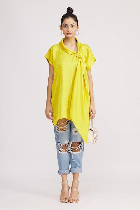 Harsh Harsh_Yellow Dupion Silk Plain Scarf Neck Style Top  _Online_at_Aza_Fashions