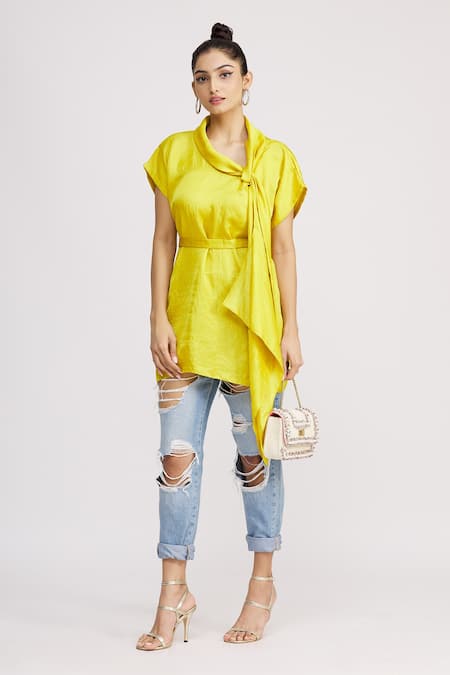 Buy_Harsh Harsh_Yellow Dupion Silk Plain Scarf Neck Style Top  _Online_at_Aza_Fashions