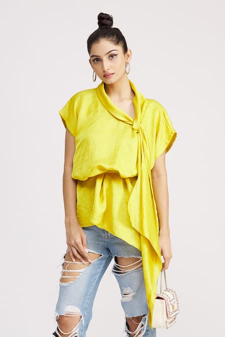 Shop_Harsh Harsh_Yellow Dupion Silk Plain Scarf Neck Style Top  _Online_at_Aza_Fashions